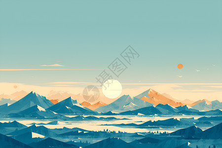 山脉晨雾夕阳下的山峰插画