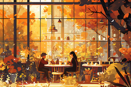 阳光餐厅温馨的咖啡馆插画