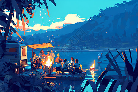 湖边的营火聚会插画