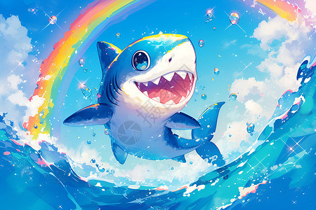 彩虹下戏水的鲨鱼背景图片