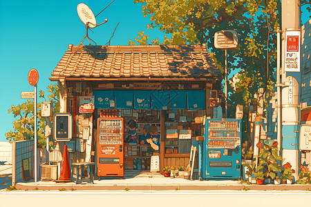 蓝天下的小店背景图片