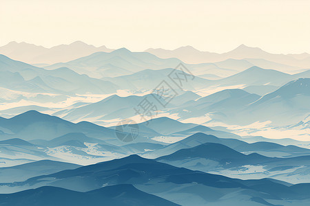 阳光山峰迷雾中的山脉插画