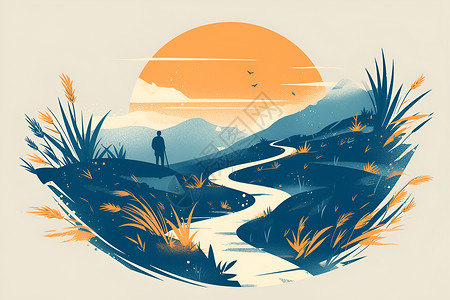 荒漠背景夕阳河边的探险家插画