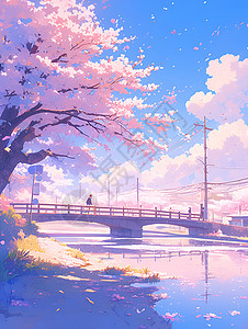 樱花掩映下的桥梁背景图片