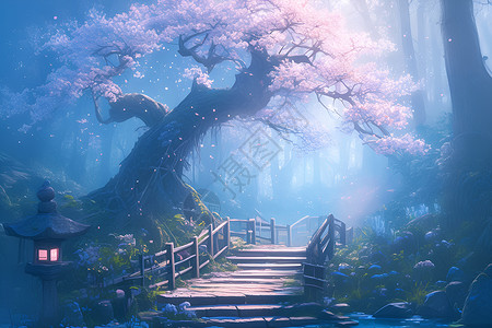 桥梁护栏河畔的樱花树插画