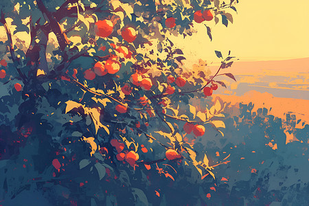夕阳下的红柿子树背景图片