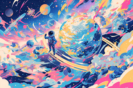 彩色拼贴对话框彩色宇宙行星上的画家插画