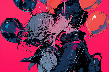 欧美情侣亲吻气球下拥抱的情侣插画