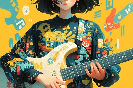 彩绘吉他彩绘女孩手持吉他插画