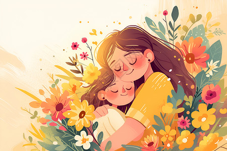 家庭花卉幸福拥抱的母女插画