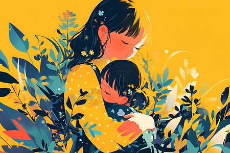 家庭花卉快乐母亲怀抱孩子插画