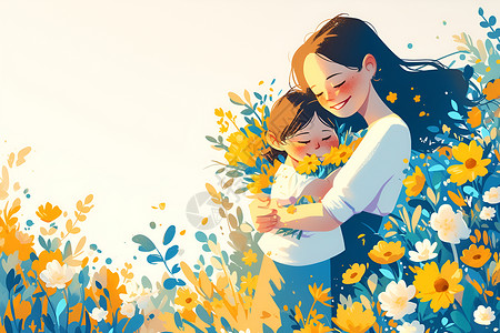家庭花卉母亲怀抱孩子插画