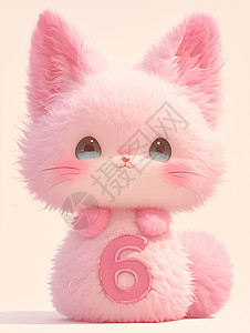粉色软毛动物上的数字6和蝴蝶结展示可爱与创意插画