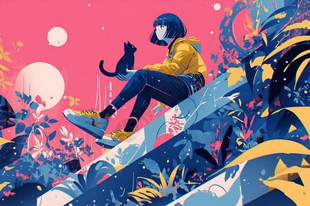 小猫头像少女与猫抽象场景插画