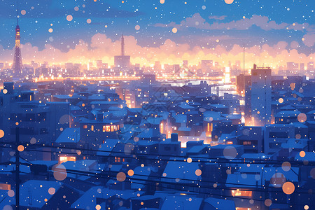 冬夜奇幻雪城璀璨夜景插画