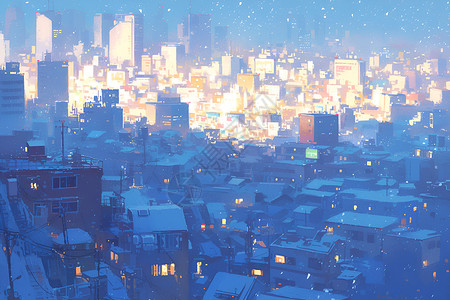 冬夜奇幻繁星点缀的雪夜城市背景图片