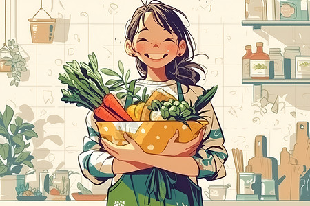 抱着食物女孩少女抱着蔬菜插画