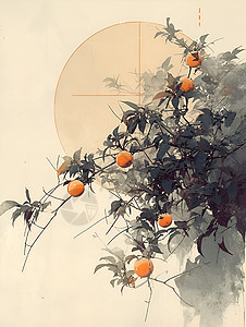 树枝艺术枝干上的柿子插图插画