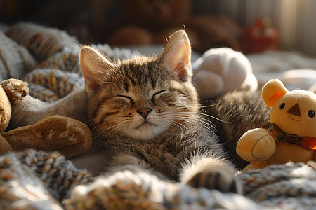 毛毯上睡觉的小猫背景图片