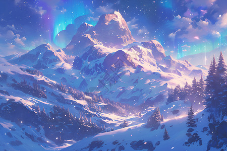 梦幻的极光和雪山背景图片