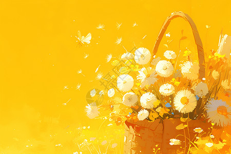 蒲公英泡茶花篮中的白色花朵插画