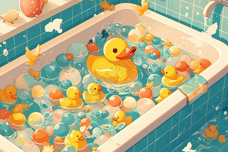 浴缸中的可爱鸭子背景图片