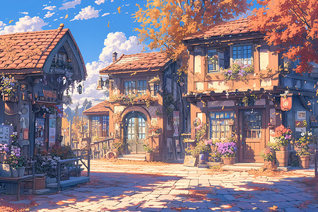 秋日童话房子背景图片
