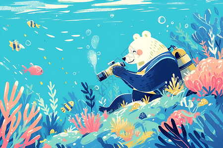 熊吃鱼海底的熊插画
