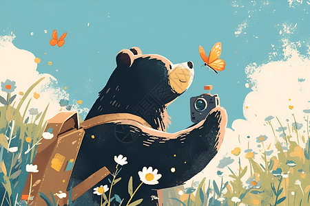 动物摄影师熊摄影师和蝴蝶插画