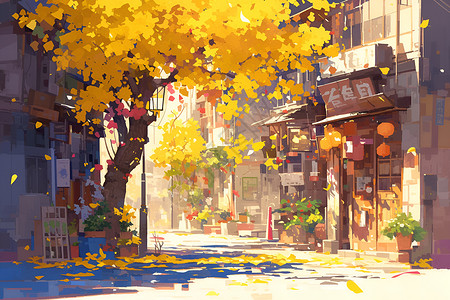 秋天美的景色城市建筑插画