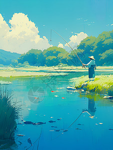鱼竿垂钓河岸钓鱼的宁静氛围插画