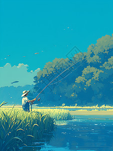 鱼竿垂钓站在草丛中钓鱼的快乐插画