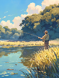 夏天戴着帽子钓鱼的男人背景图片
