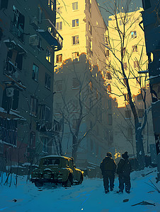 冬天行人雪夜孤寂的城市插画