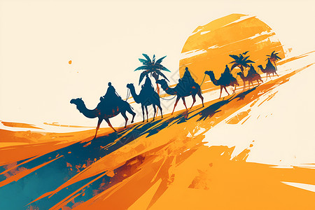 阳光人群沙漠的骆驼插画