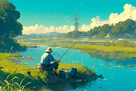 宁静湖畔宁静河畔钓鱼人插画