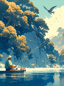 坐在船上钓鱼的男人背景图片