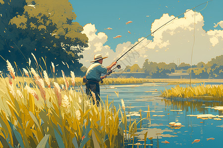 河流边钓鱼的男人背景图片