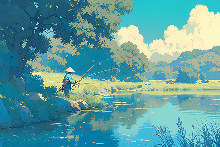 夏日热爱钓鱼的人背景图片