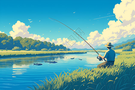 草丛边钓鱼的人插画