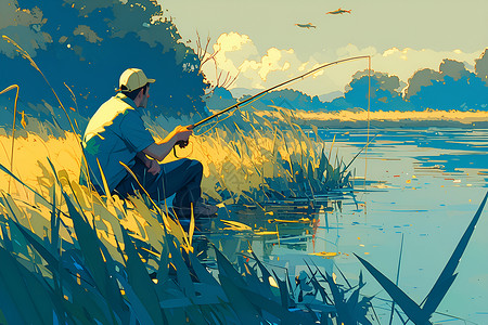 鱼竿垂钓河边钓鱼的快乐插画