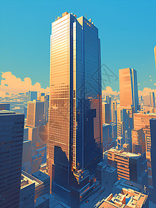城市玻璃建筑摩天大楼绚丽插画