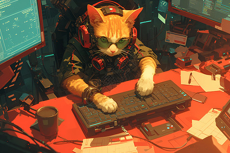 键盘电脑猫咪敲打着键盘插画