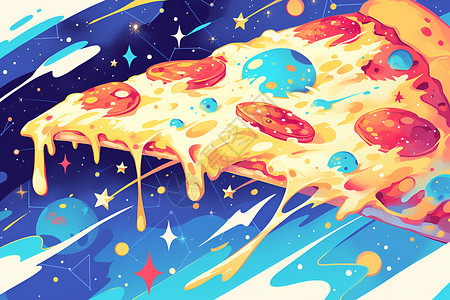 至尊比萨星空中的披萨插画