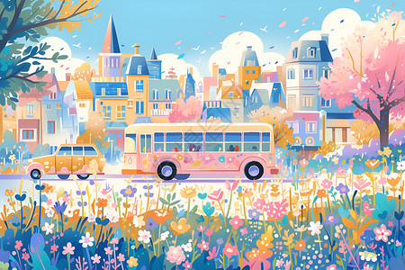 城市的粉色巴士背景图片