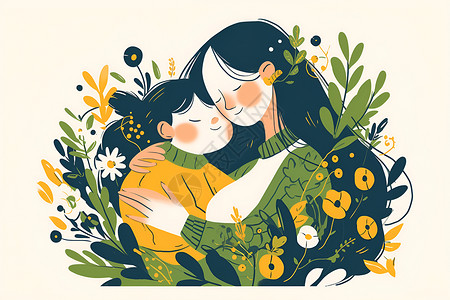 女性手臂拥抱的母子插画