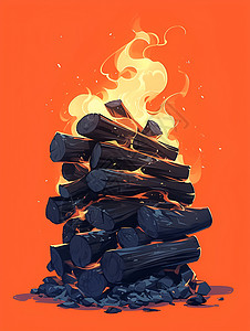 柴堆篝火中甜薯插画