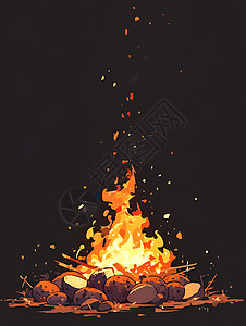 柴堆篝火下的甜薯插画
