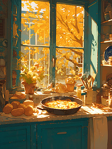 夕阳下的厨房背景图片