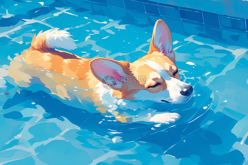 柯基犬在透明的水池游泳图片